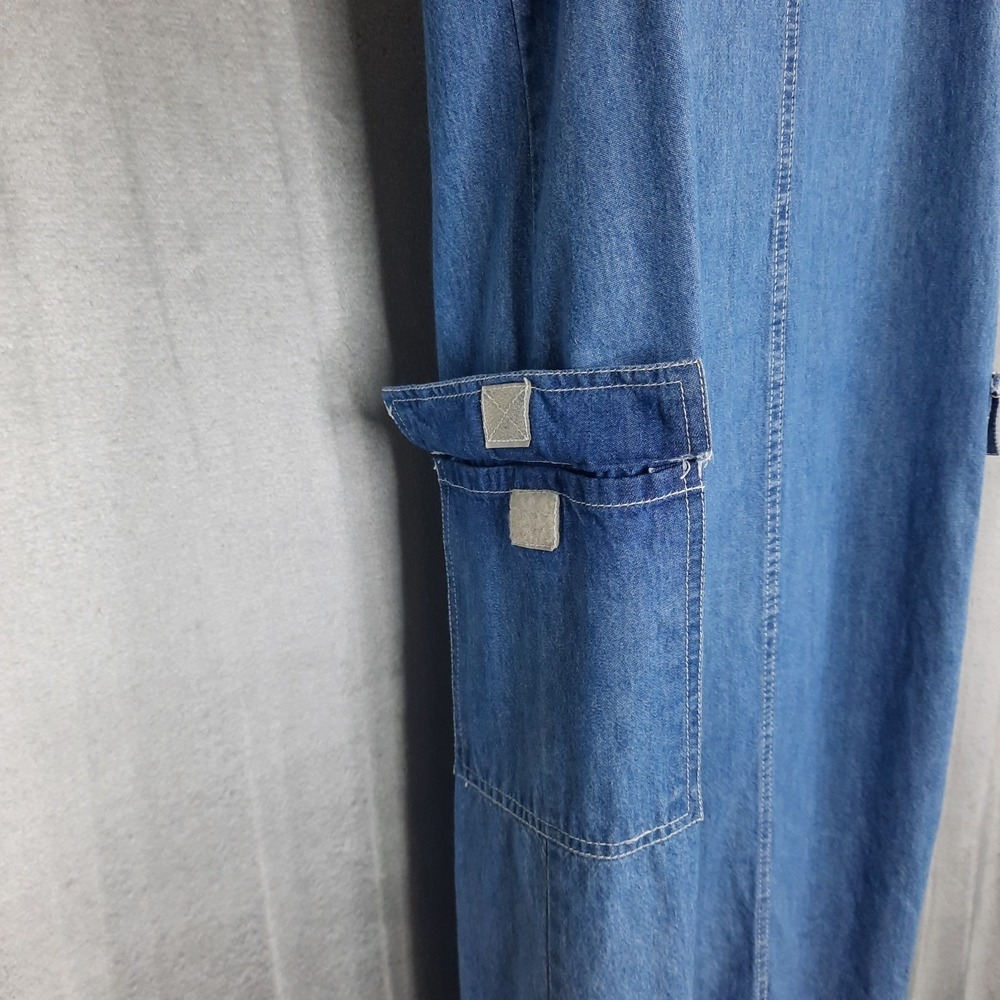 Vtg Denim Jumper Dress Maxi Button Front Cargo Pockets Medium Utility 90s Y2K - Picture 3 of 16